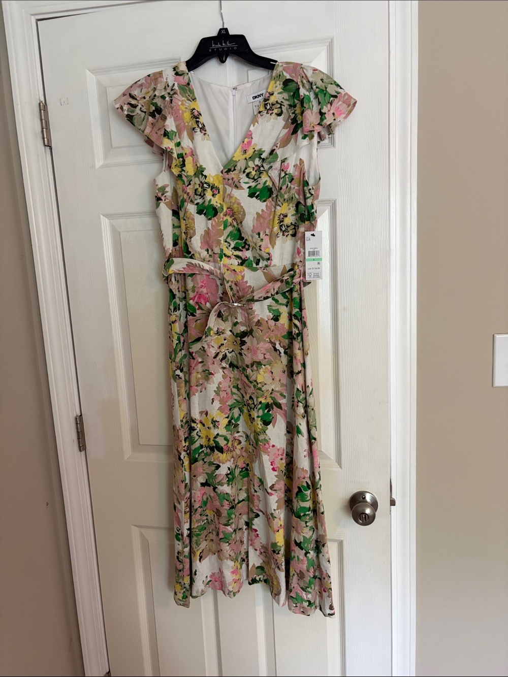 DKNY Floral Midi Dress in Cream, Pink & Green size 8